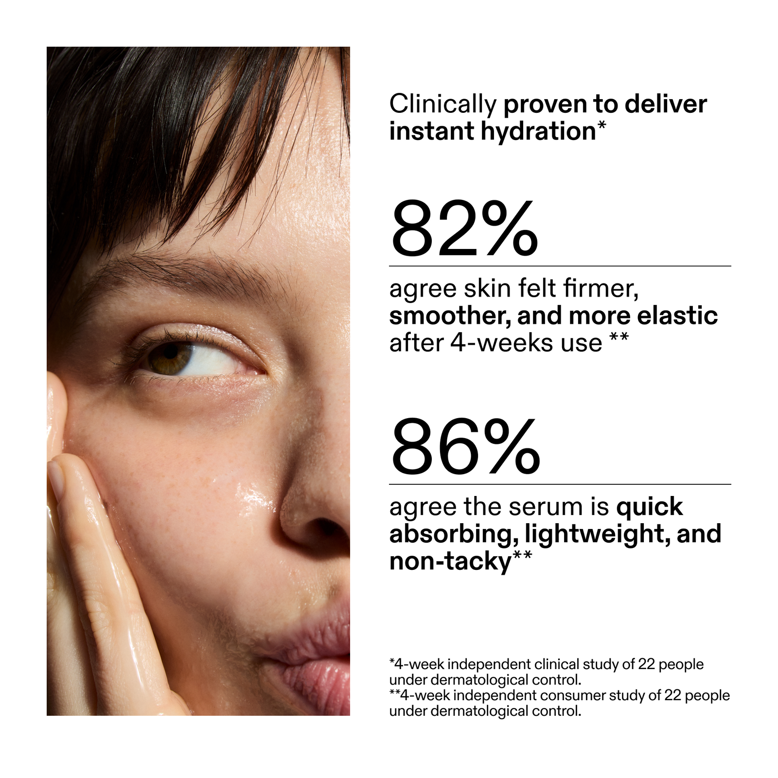 woman's face with results from recent clinical trial of customer using Hyaluronci acid serum