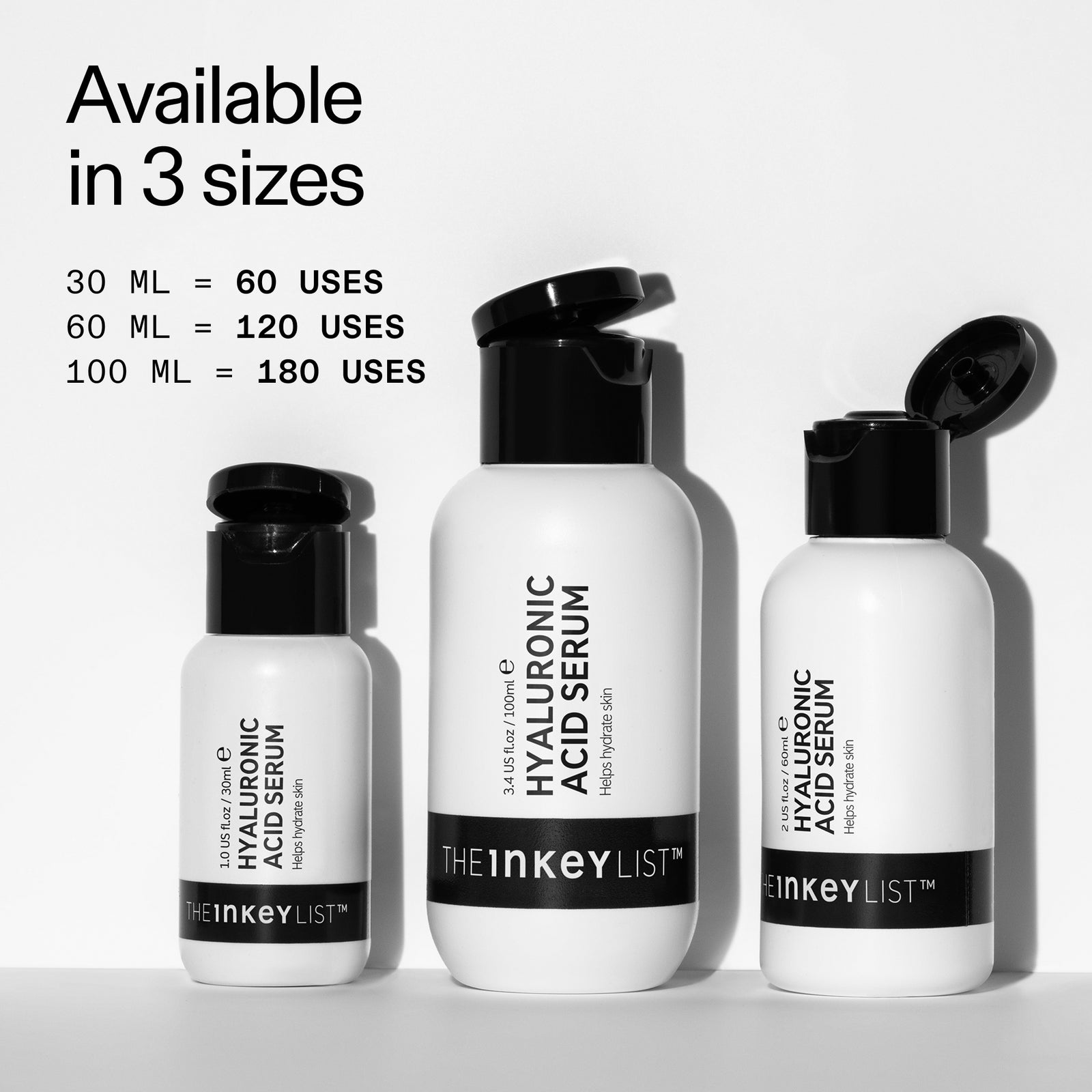 Three bottles of The INKEY List Hyaluronic Acid Serum with size indicators on a white background.