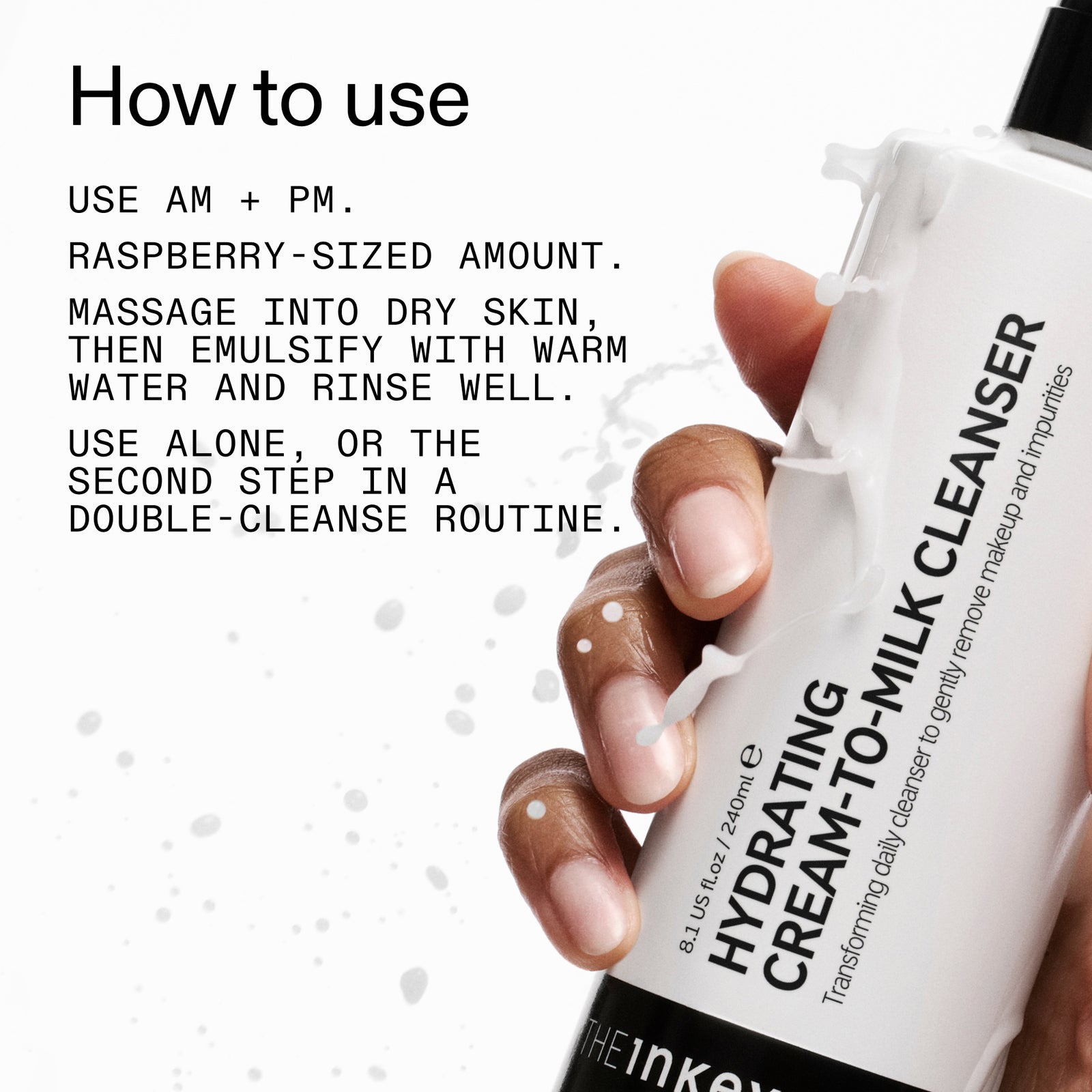 Hand holding a skincare product with Milk Cleanser usage instructions on a white background