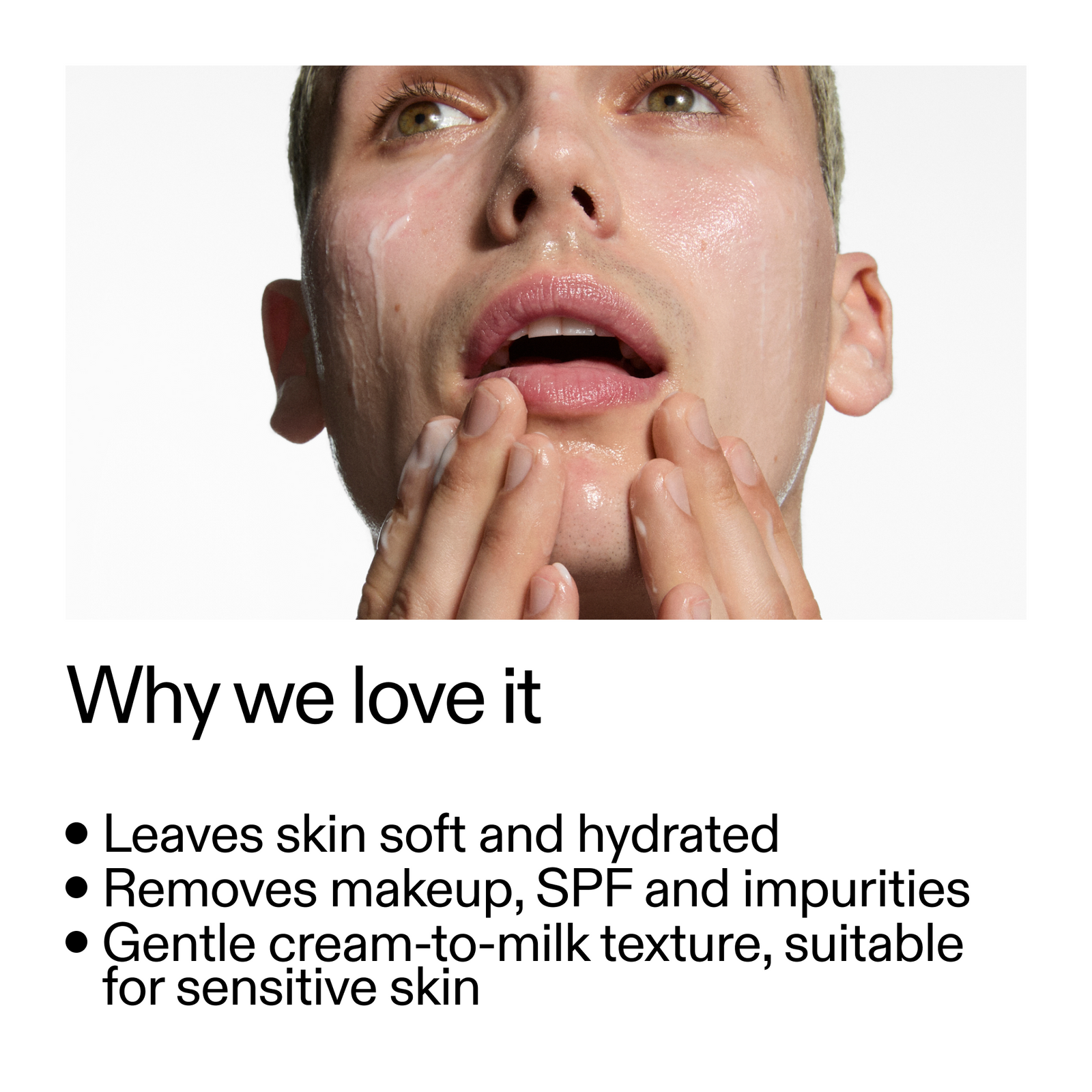 Person applying cream to face with text about Milk Cleanser benefits