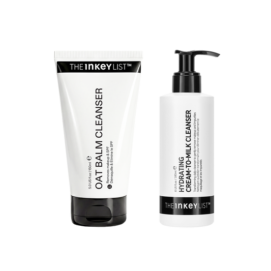 Oat Balm Cleanser and Hydrating Cream-to-Milk Cleanser side by side against a white background.
