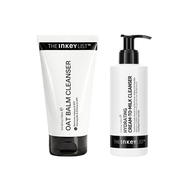 Oat Balm Cleanser and Hydrating Cream-to-Milk Cleanser side by side against a white background.