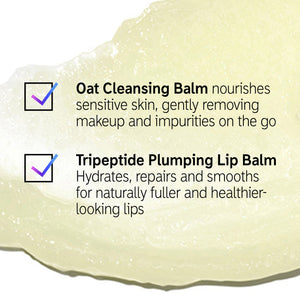 Infographic with Oat Cleansing Balm and Tripeptide Lip benefits