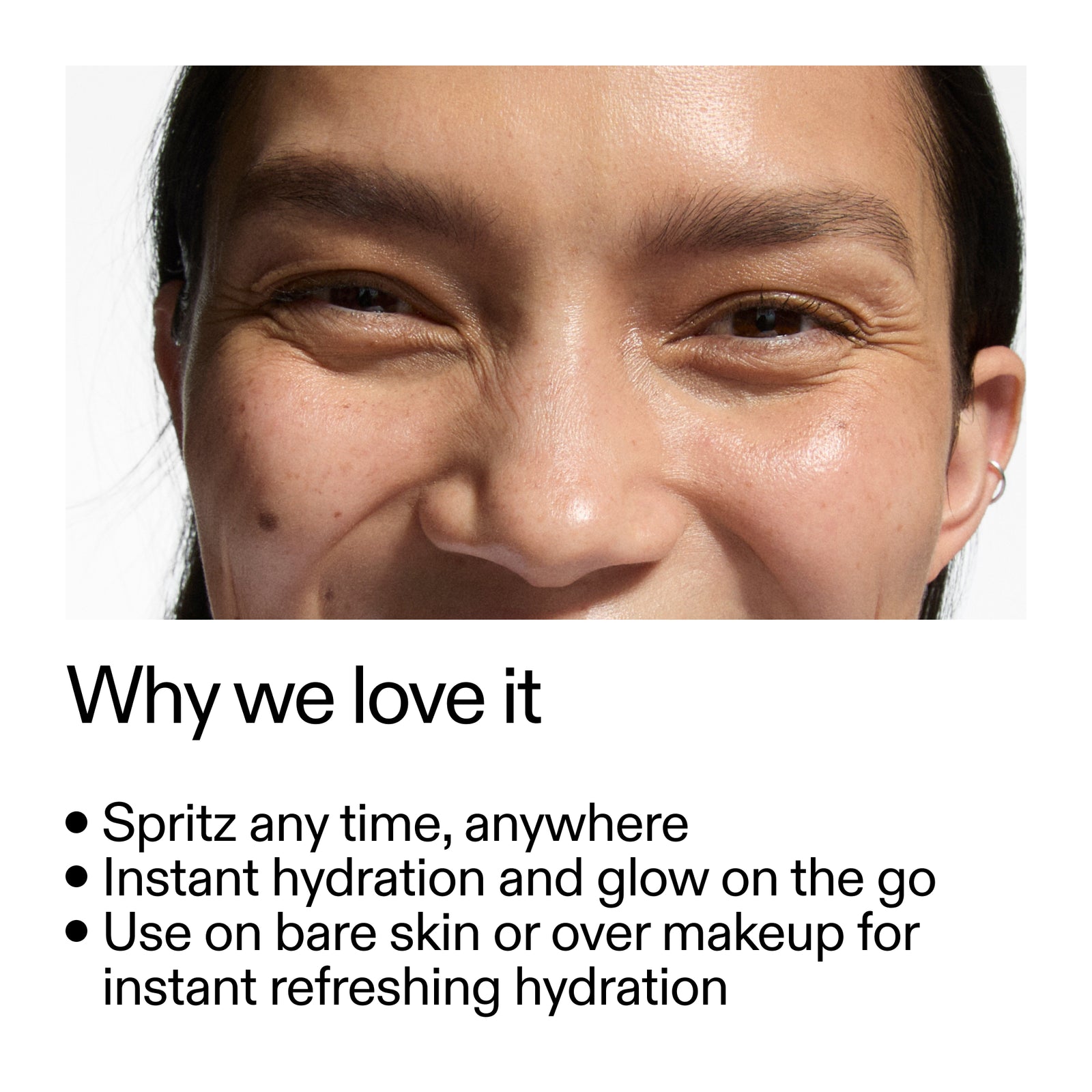 Close-up of a person's face with text about instant hydration and glow after using Hydro-Surge Dewy Face Mist