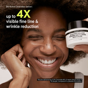 Model smiling with infographic: Up to 4x visable fine line and wrinkle reduction