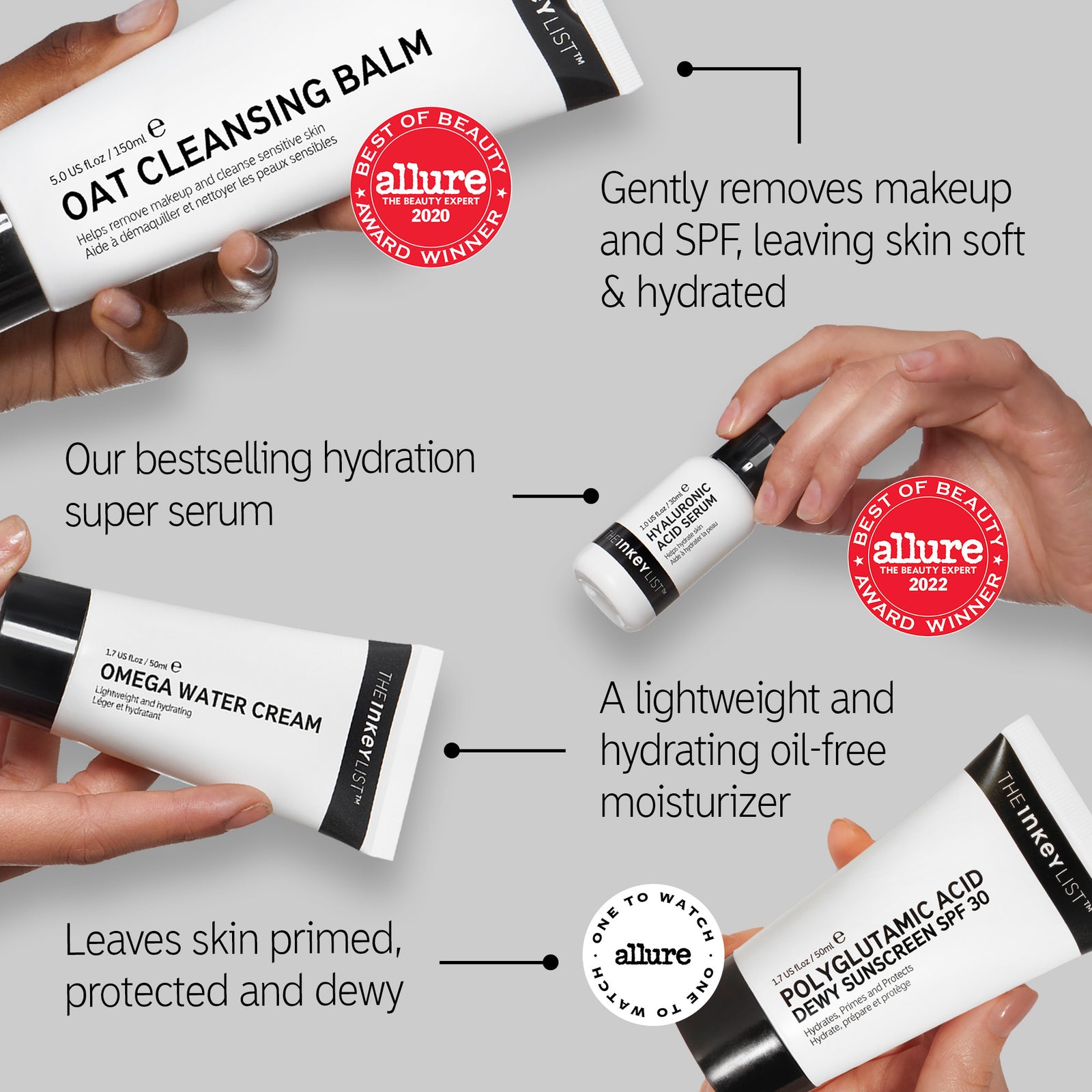 The Dewy Skin Routine product award spotlight; Oat Cleansing Balm Allure 2020 Award & Hyaluronic Acid Serum Allure 2022 Award