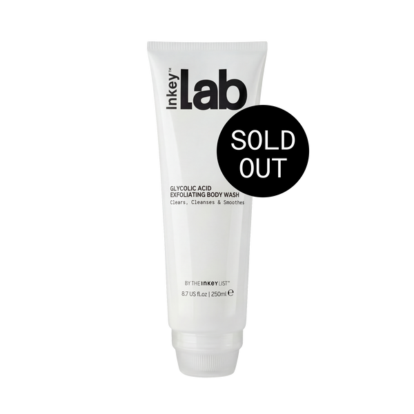 Inkey Lab body wash tube with 'SOLD OUT' label on a white background