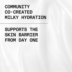 Text on a white background about community-created Milky Hydration supporting skin barrier.