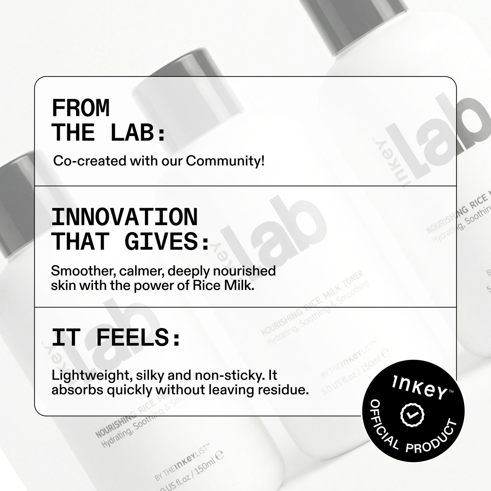 Product packaging with text about Milk Toner benefits and INKEY branding.