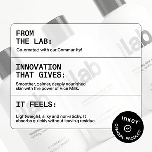 Product packaging with text about Milk Toner benefits and INKEY branding.