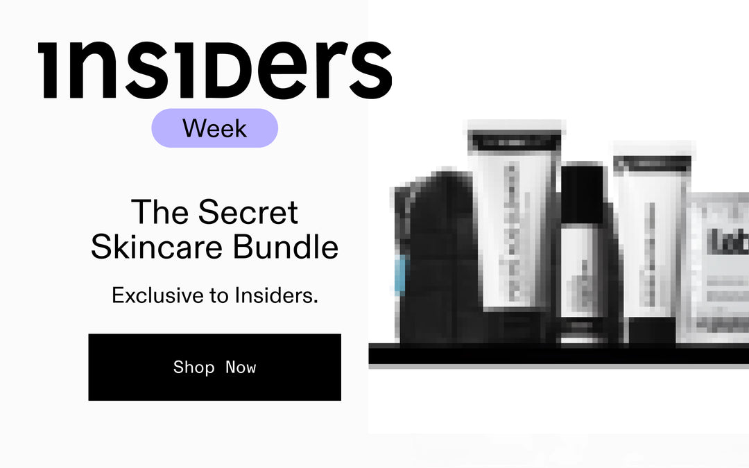 Skincare products with 'insiders' branding and promotional text on a white background