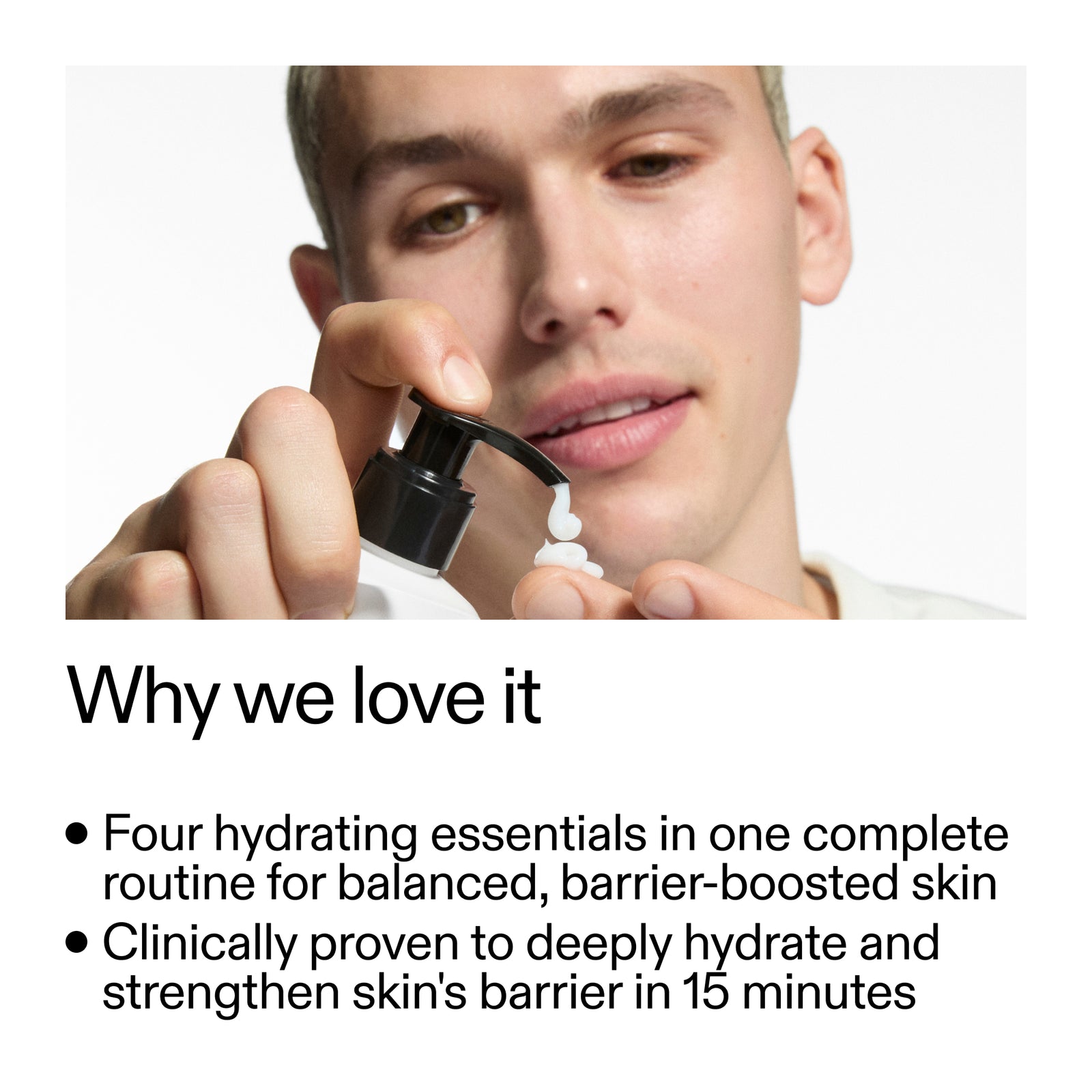 Person using a skincare product with text about hydration benefits on a white background