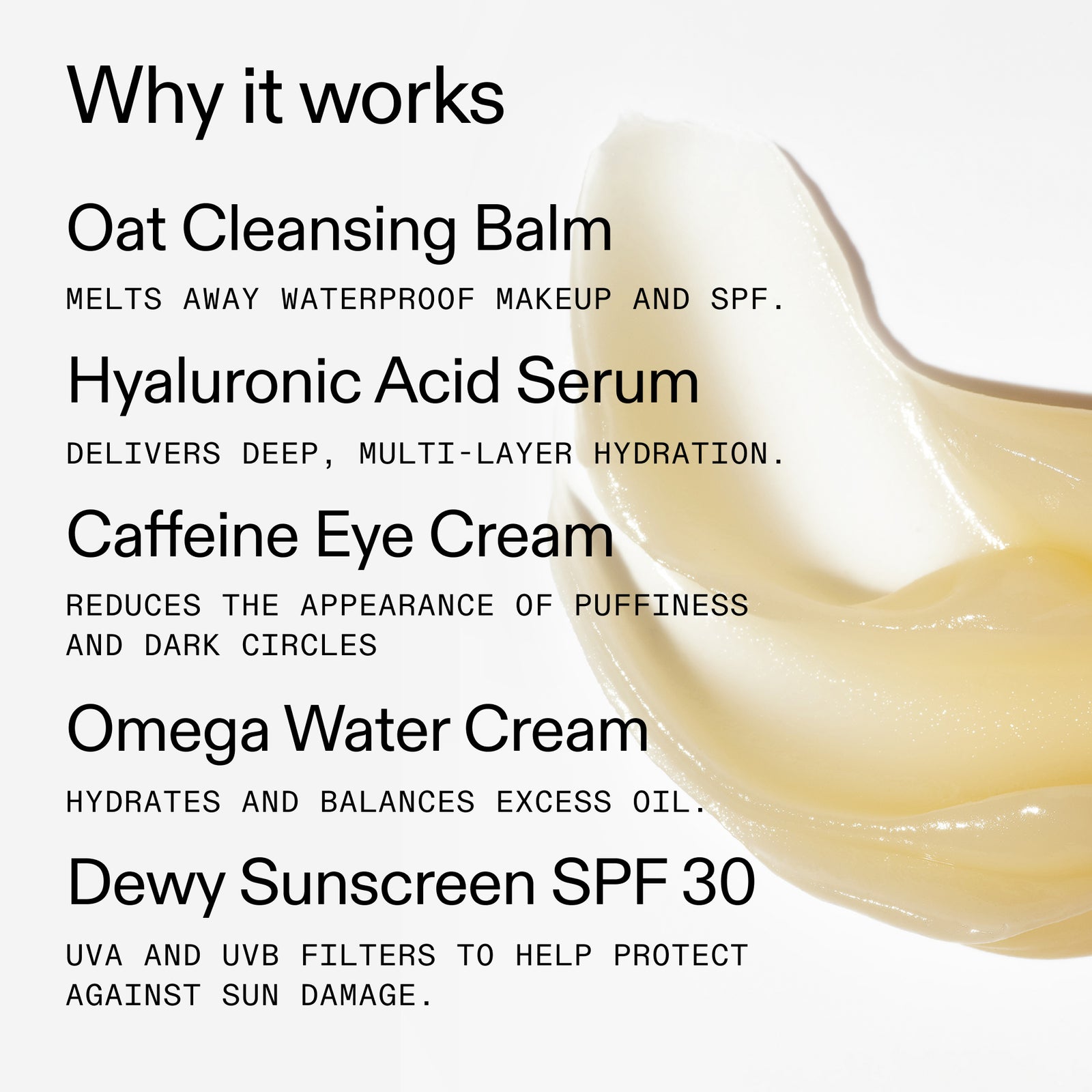 Oat cleansing balm with text detailing its benefits on a white background