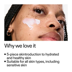 Woman applying skincare product with text about product benefits