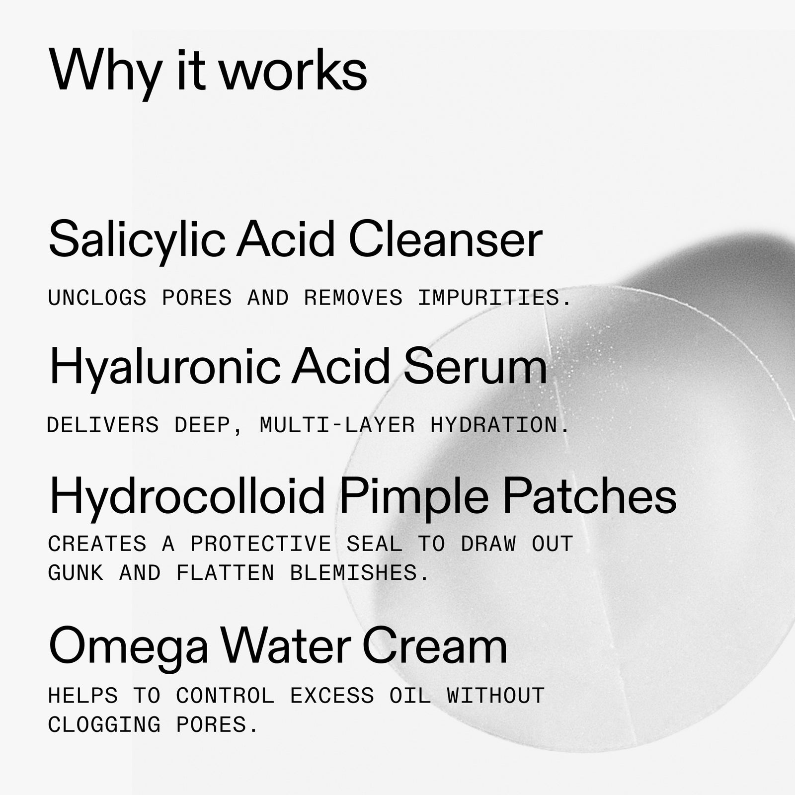 List of skincare products and their benefits on a white background