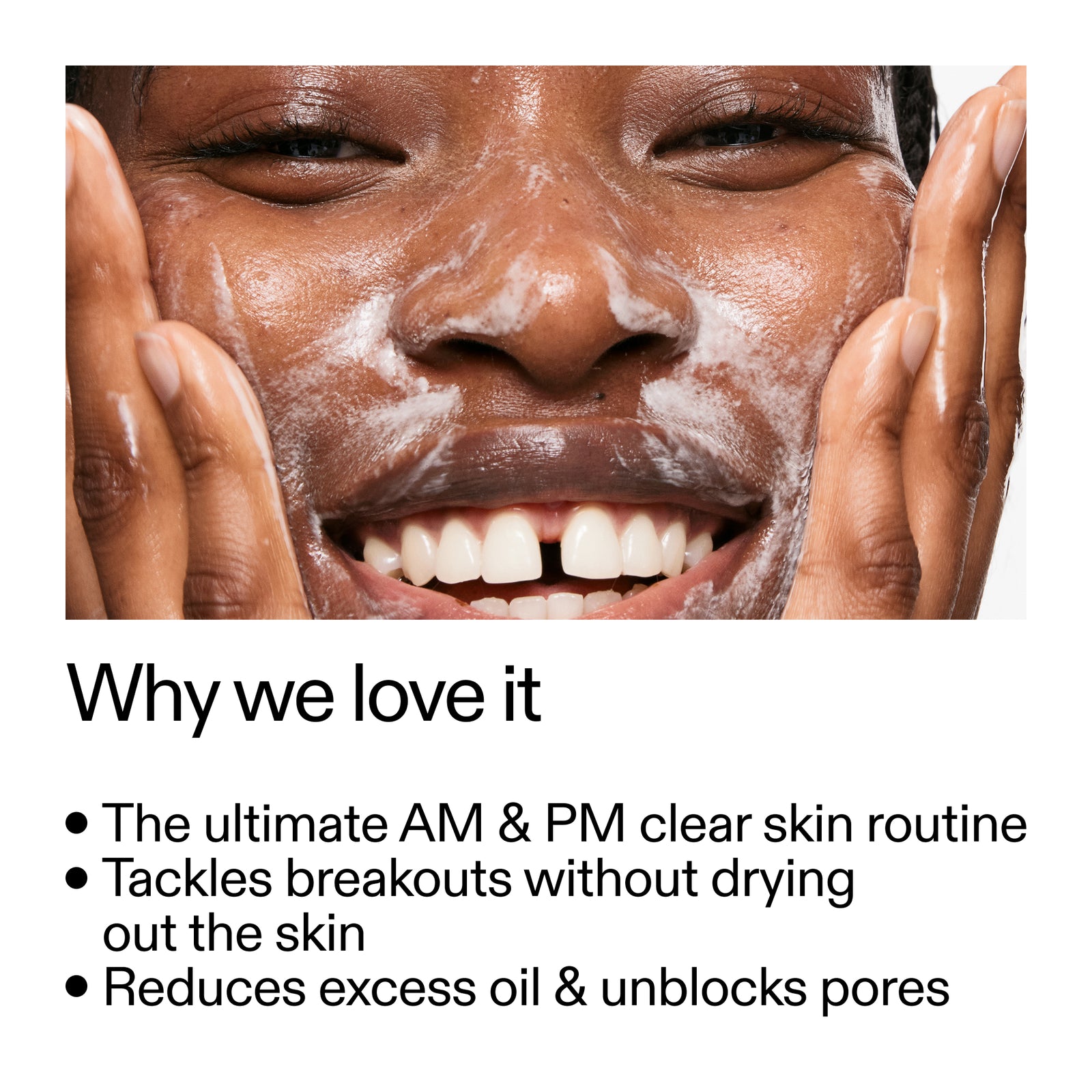 Person applying a facial mask with text highlighting product benefits on a white background
