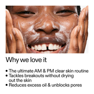 Person applying a facial mask with text highlighting product benefits on a white background