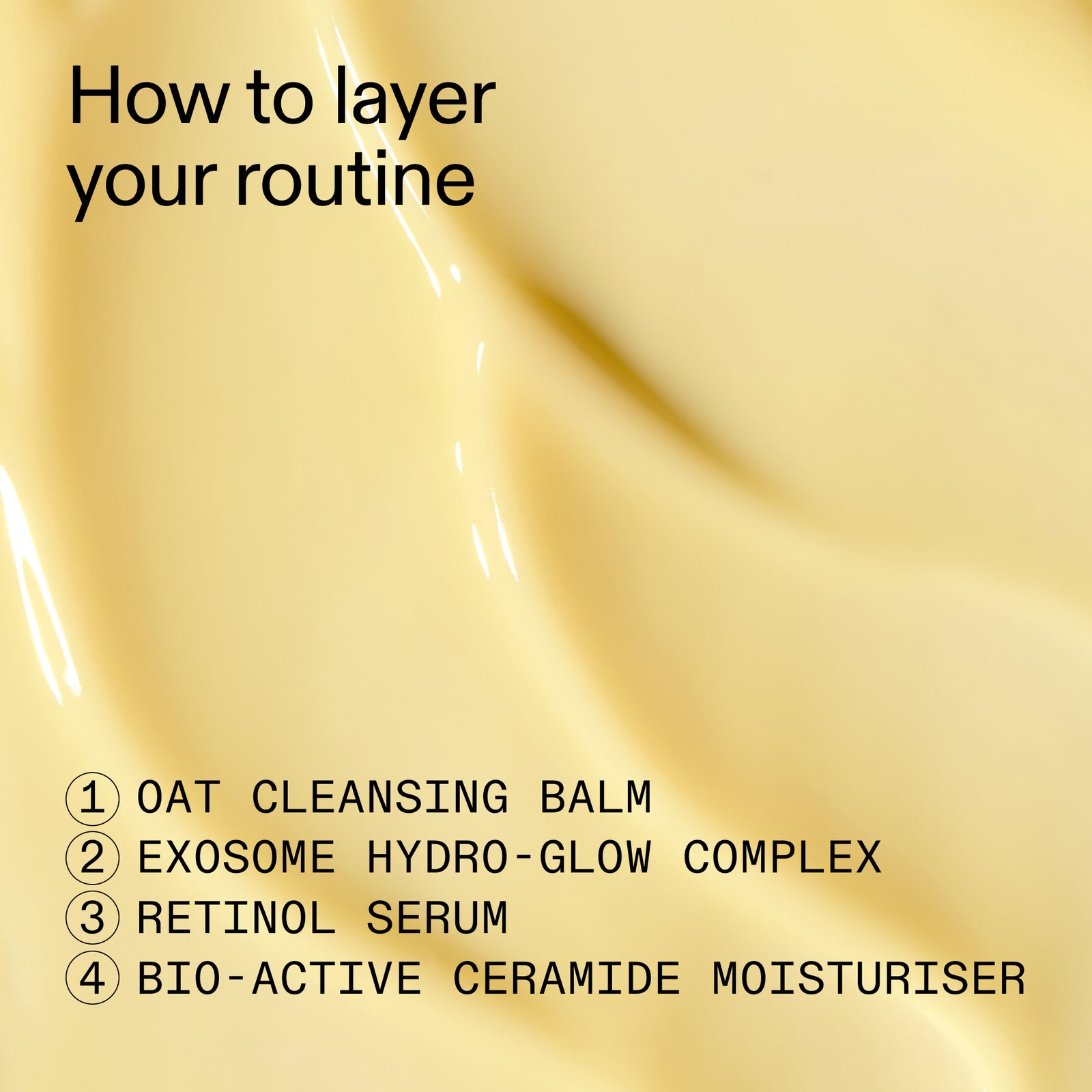 Skincare routine layering guide with product names on a beige background