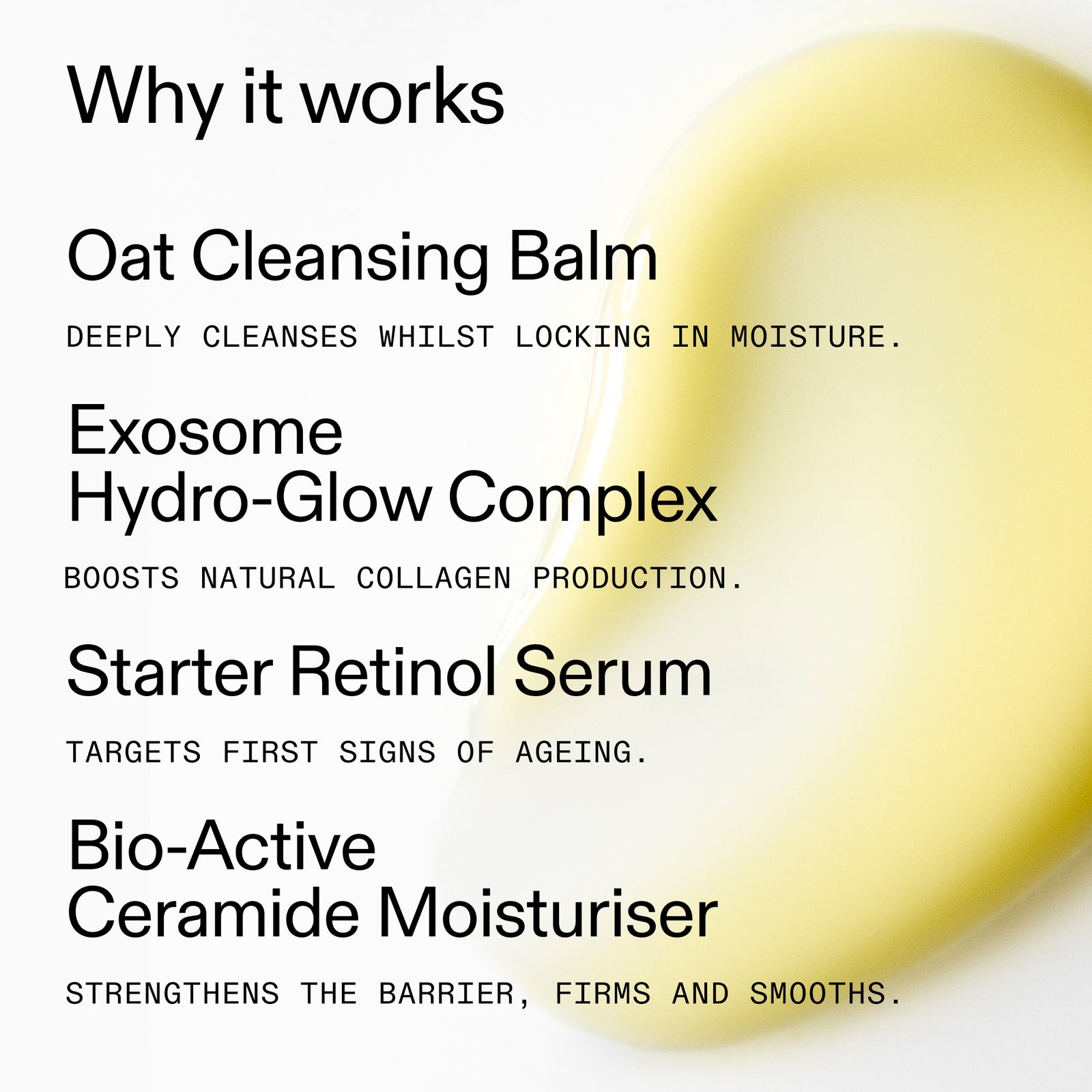 Skincare product with text detailing its benefits on a white background