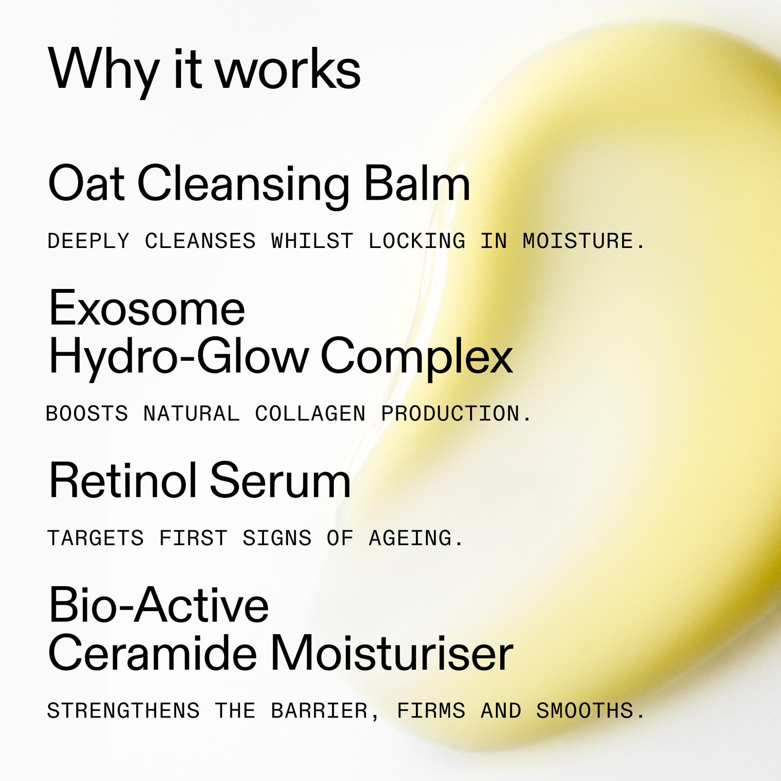 Skincare product with text detailing its benefits on a white background