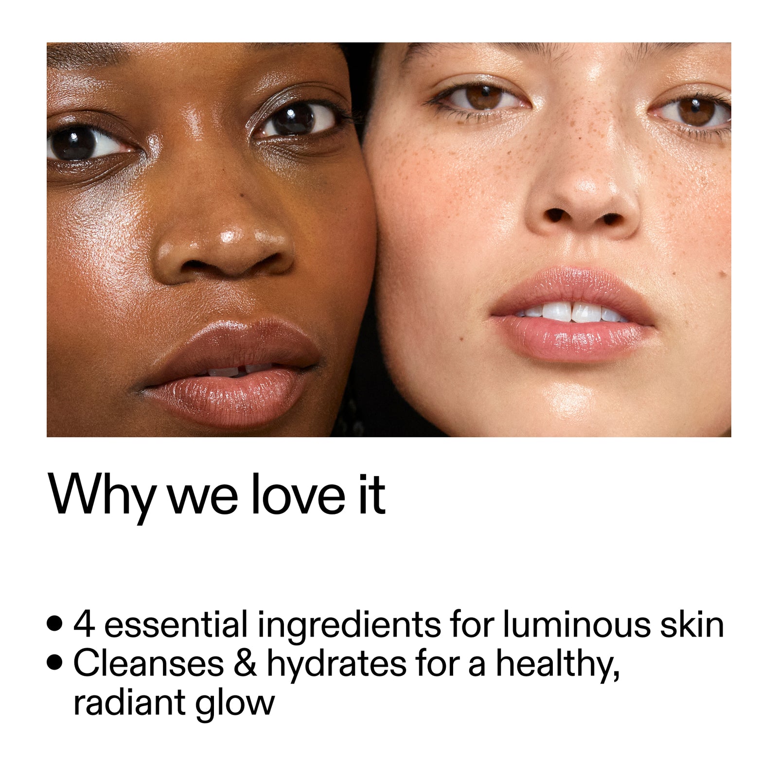Two faces side by side with text about skincare product benefits.