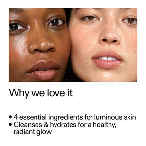 Two faces side by side with text about skincare product benefits.