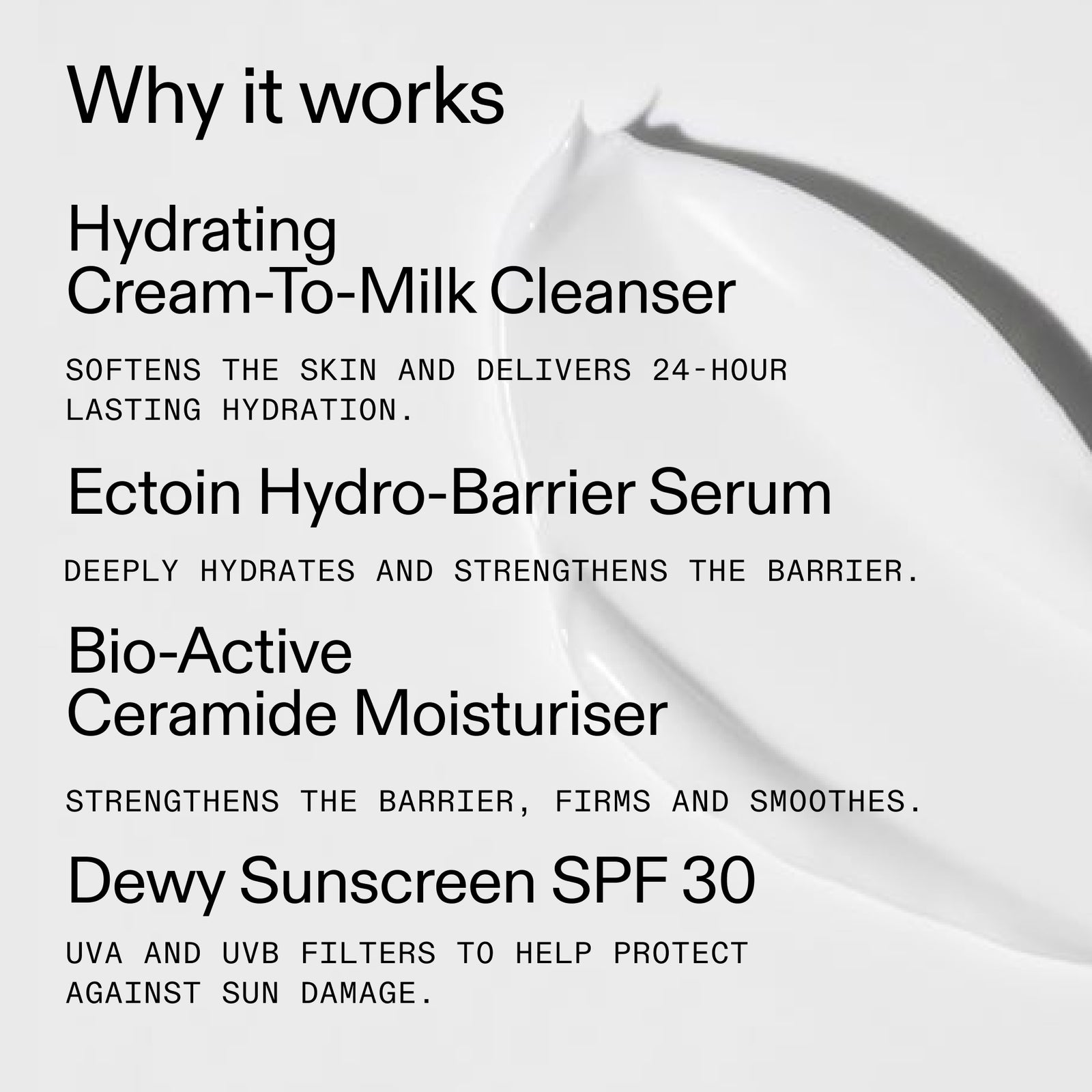 List of skincare products with their functions on a white background