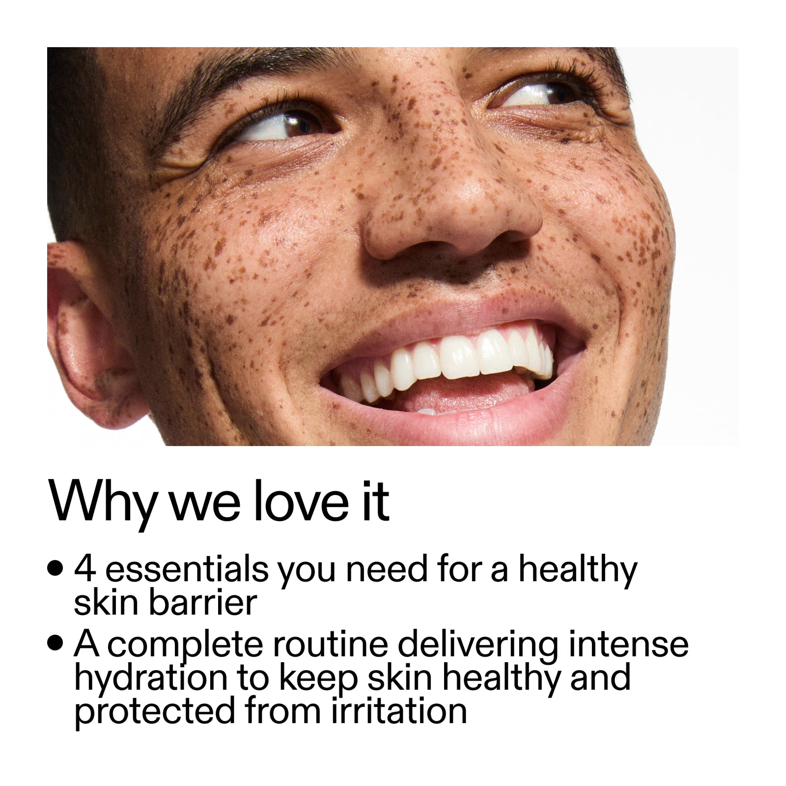 Close-up of a person's face with text about skin care essentials and routine.