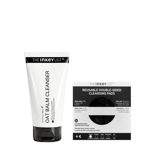 The Inkey List Oat Balm Cleanser and Reusable Double-Sided Cleansing Pads on a white background