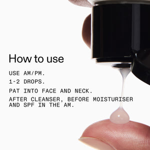 Cosmetic dropper with sNiacinamide Serum being applied to skin, accompanied by usage instructions.