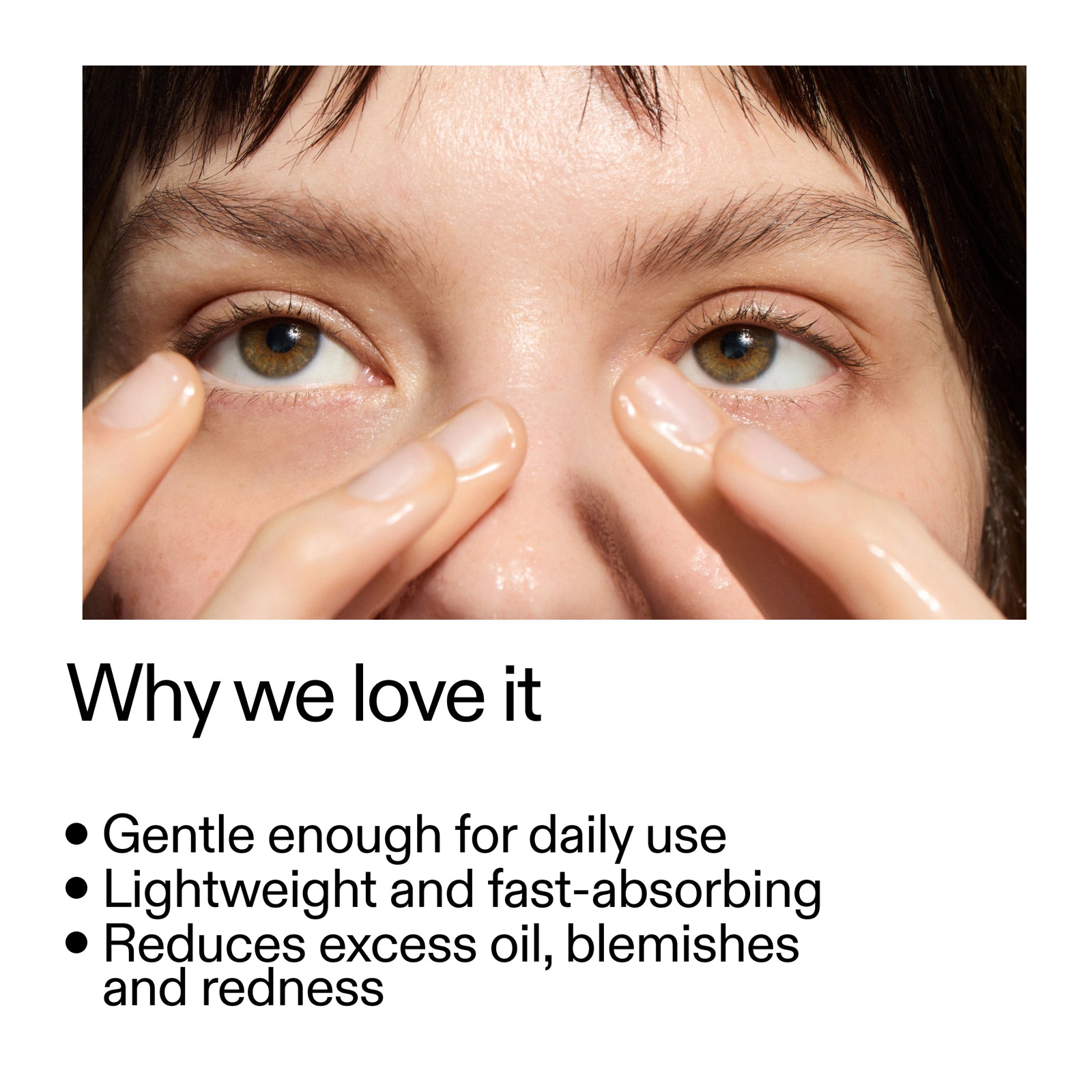 Close-up of a person applying a product to their eye with text highlighting its benefits. of Niacinamide Serum