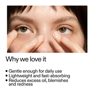 Close-up of a person applying a product to their eye with text highlighting its benefits. of Niacinamide Serum