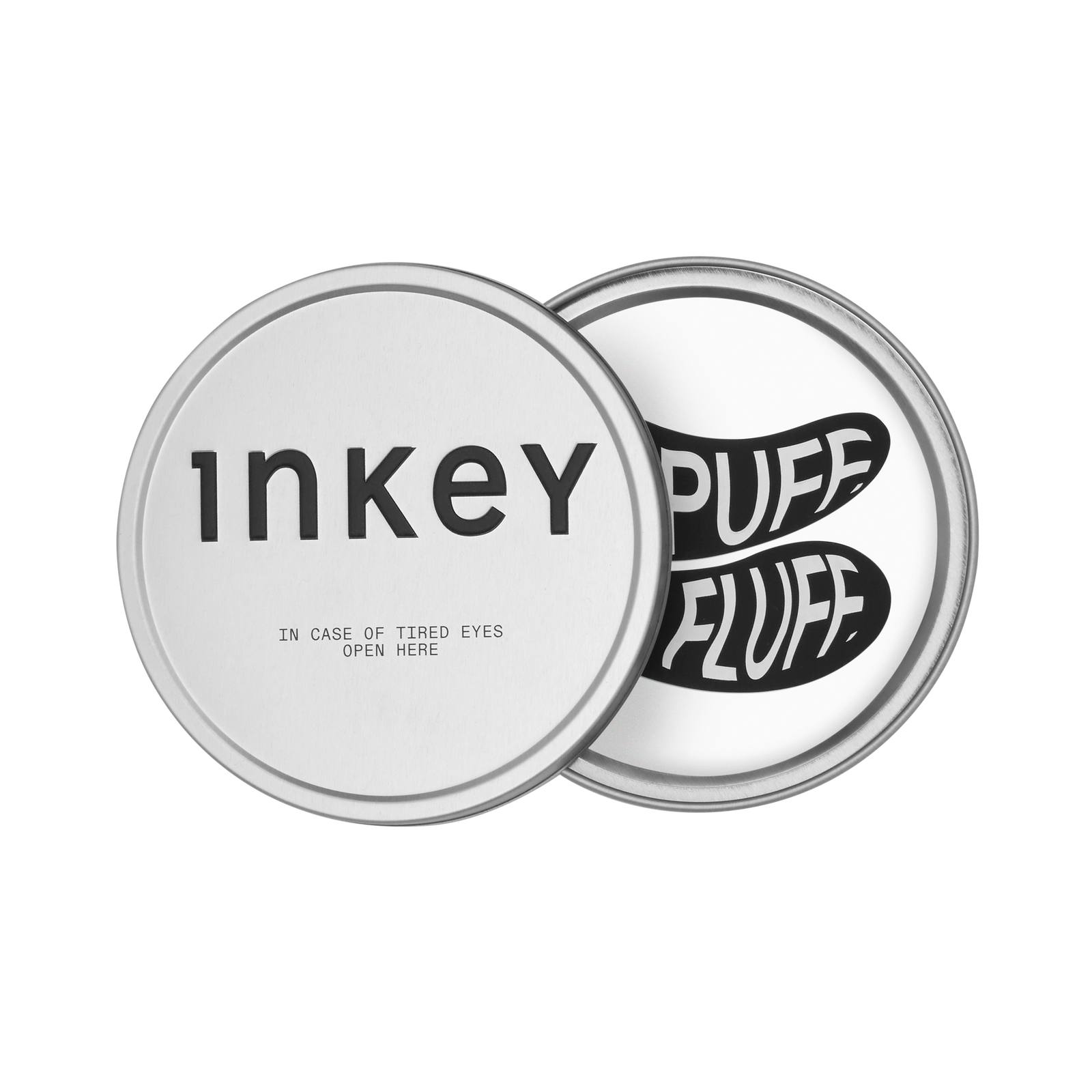 Two round containers with 'Inkey' and 'no Puff no Fluff' branding on a white background