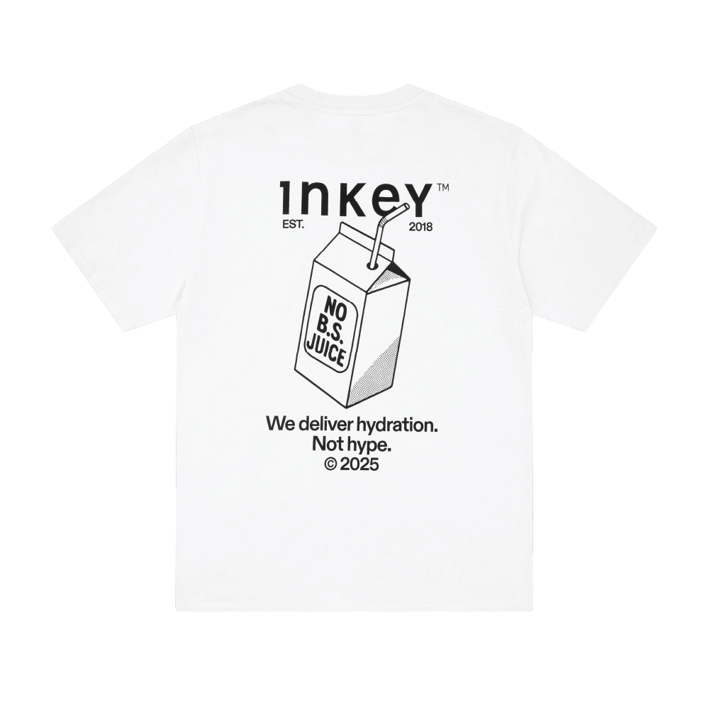 White t-shirt with 'Inkey' branding and a carton of 'No B.S. Juice' graphic on a white background.