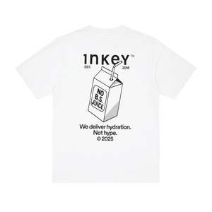 White t-shirt with 'Inkey' branding and a carton of 'No B.S. Juice' graphic on a white background.