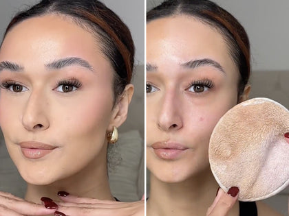 Before and after with someone taking off makeup with Oat cleansing balm