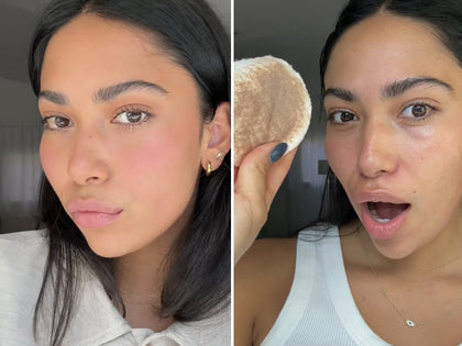 Before and after with someone taking off makeup with Oat cleansing balm