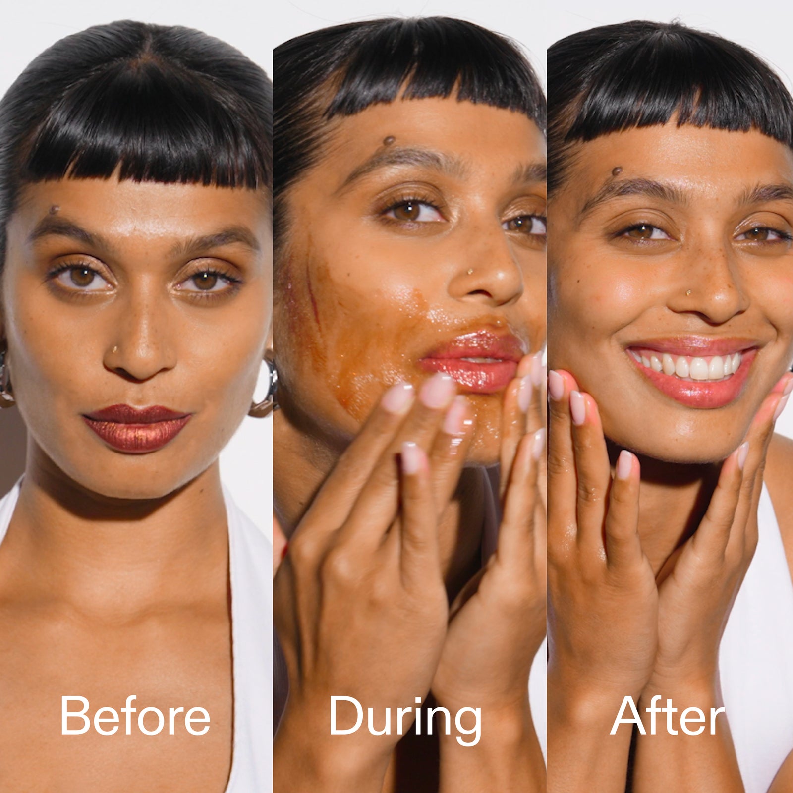 Before, During, and After comparison of a woman applying a product to her face.