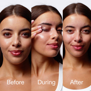 Before, During, and After process of a woman applying skincare product to her face.