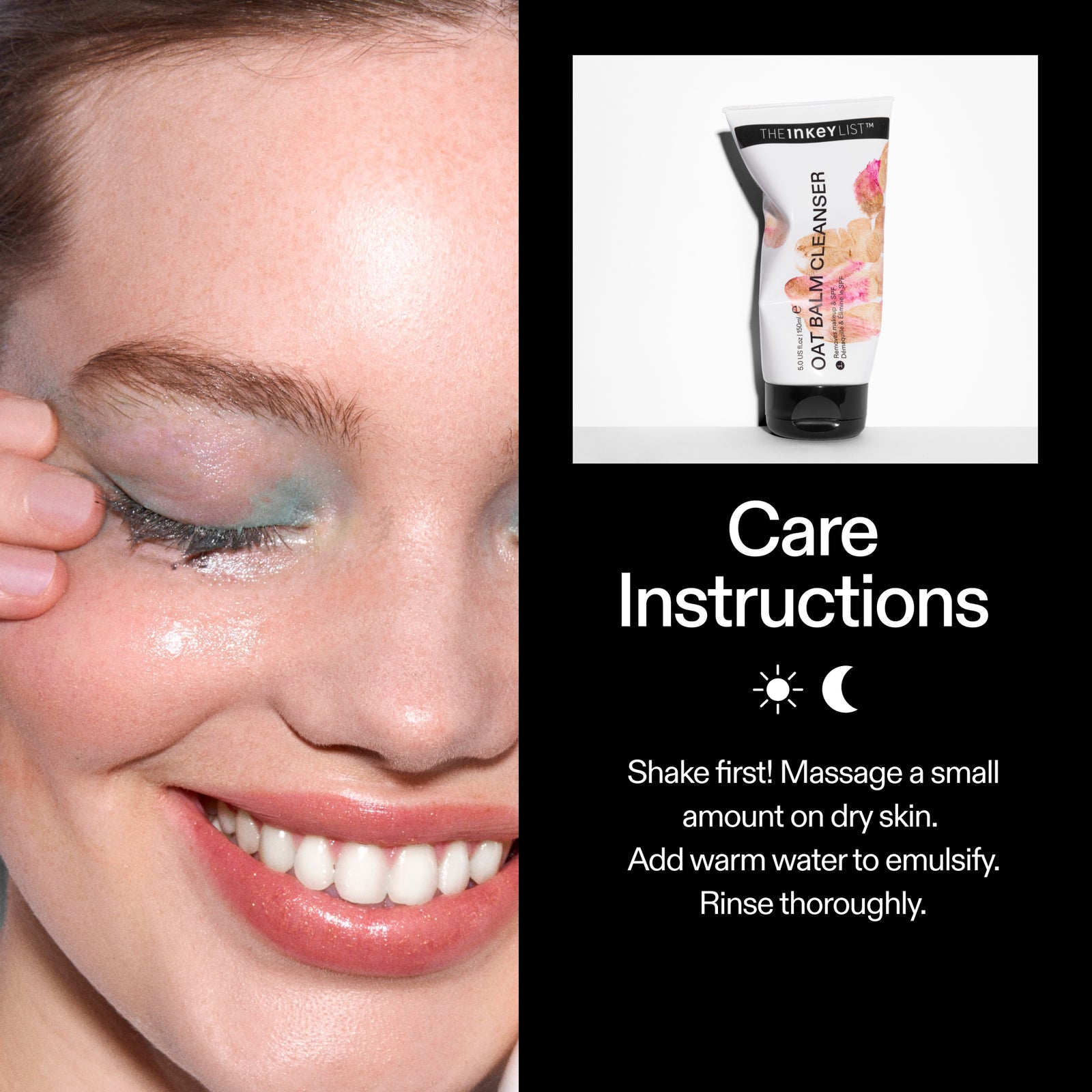 Model applying The INKEY List Oat Cleansing Balm with daily how-to routine steps