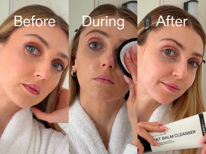 Before, During, and After using a face balm cleanser on a person's face.