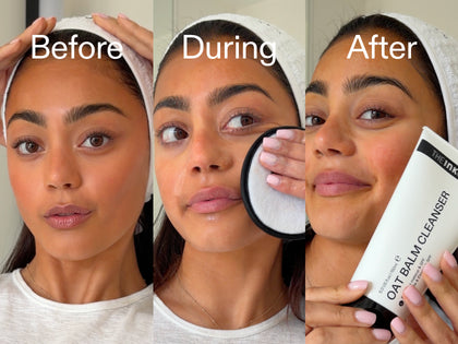 Before, During, and After using a skincare product with a close-up of the product.