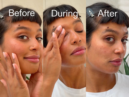 Before, During, and After comparison of a woman applying skincare product.
