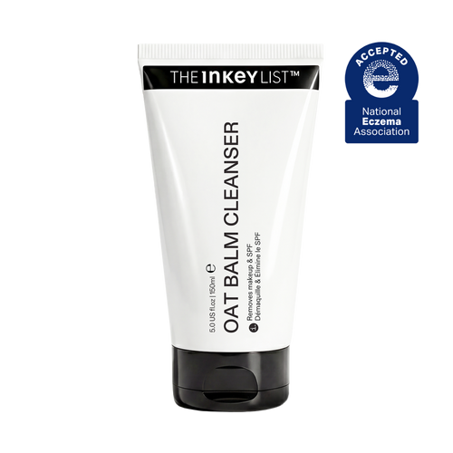 A white squeeze tube of The Inkey List Oat Balm Cleanser with a black cap, shown on a plain white background with a blue National Eczema Association Accepted badge on the top right.