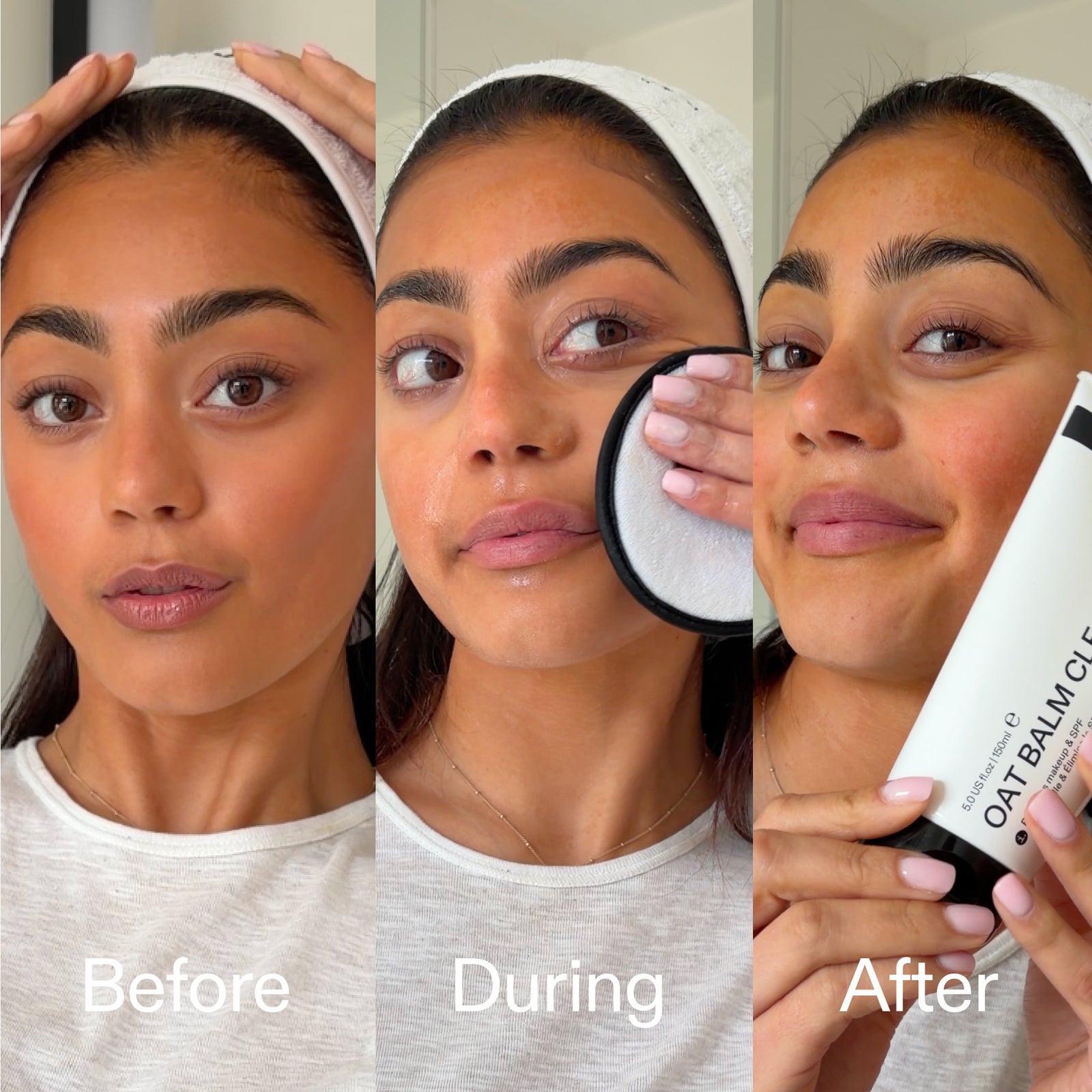 Before During After using Oat Cleansing Balm to remove makeup