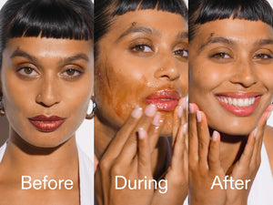Before, During, and After comparison of a woman's face with hands applying a product.