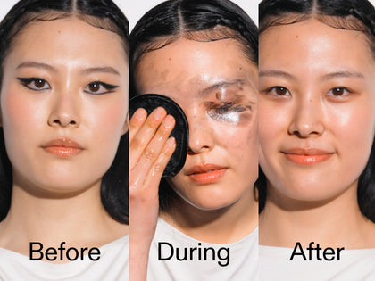 Before, during, and after makeup application process on a person's face.