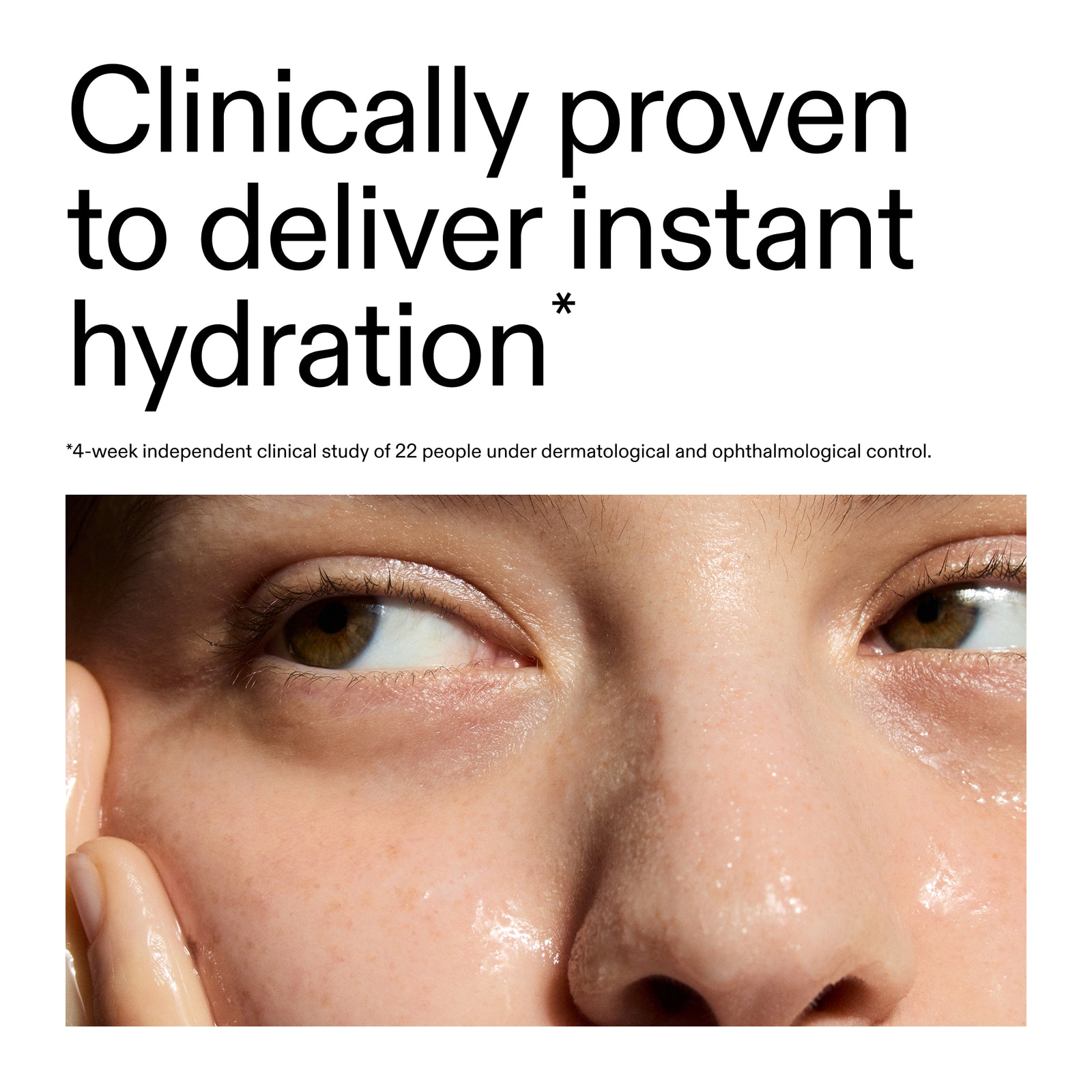 Close-up of a person's eye with text claiming instant hydration, sourced from a clinical study.