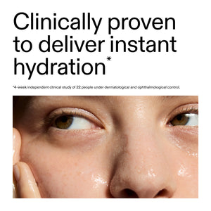 Close-up of a person's eye with text claiming instant hydration, sourced from a clinical study.