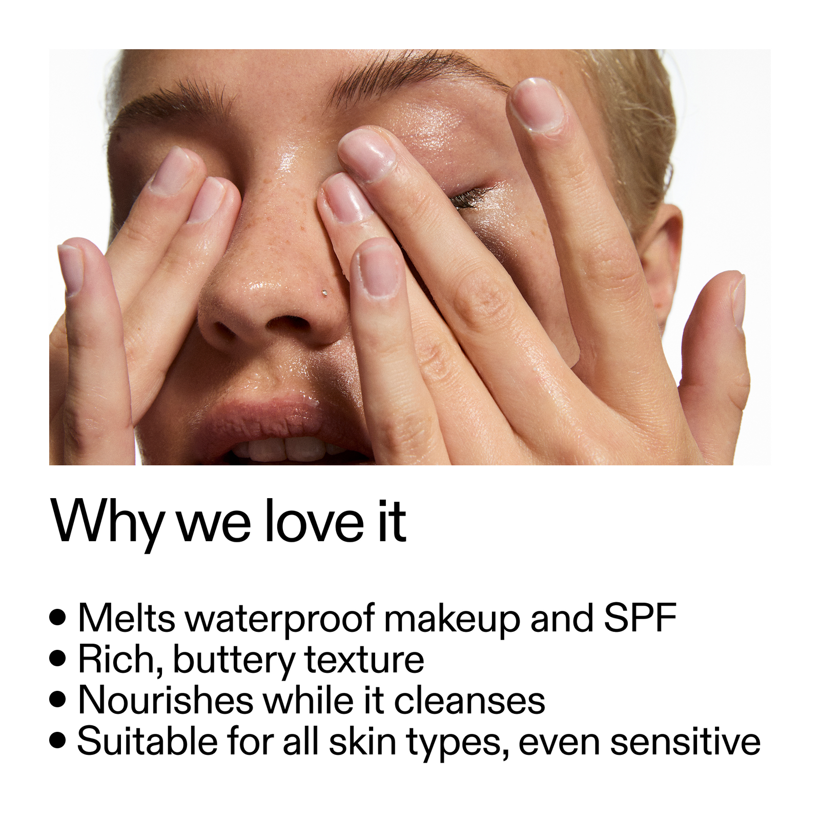 Person holding hands over face with text about skincare product benefits